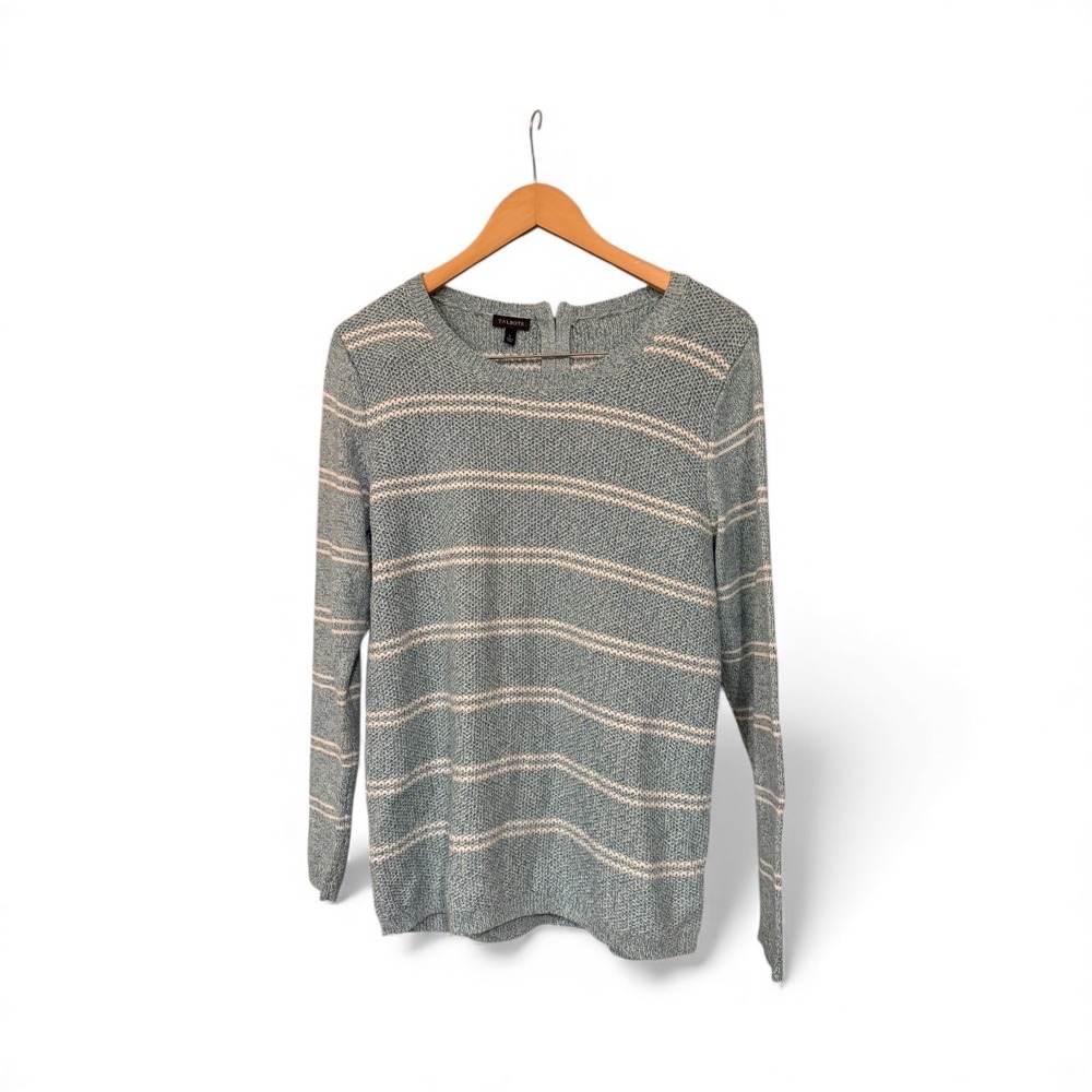 Talbots Striped Knit Sweater Pullover Long Sleeve Zipper Detail Blue Cream L‎